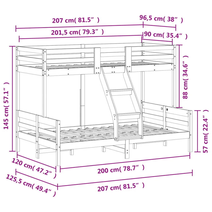 Lit superposé sans matelas 90x200/120x200 cm bois massif - 9