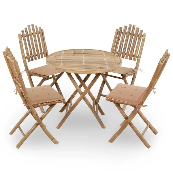 Mobilier à dîner d'extérieur pliable 5 pcs avec coussins bambou
