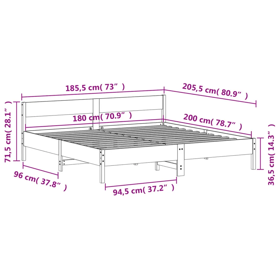 Cadre de lit sans matelas blanc 180x200 cm bois massif de pin - 9