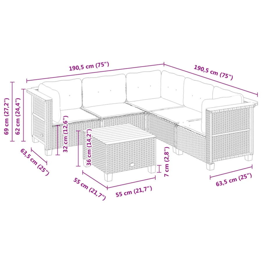 Salon de jardin 6 pcs avec coussins gris résine tressée - 8