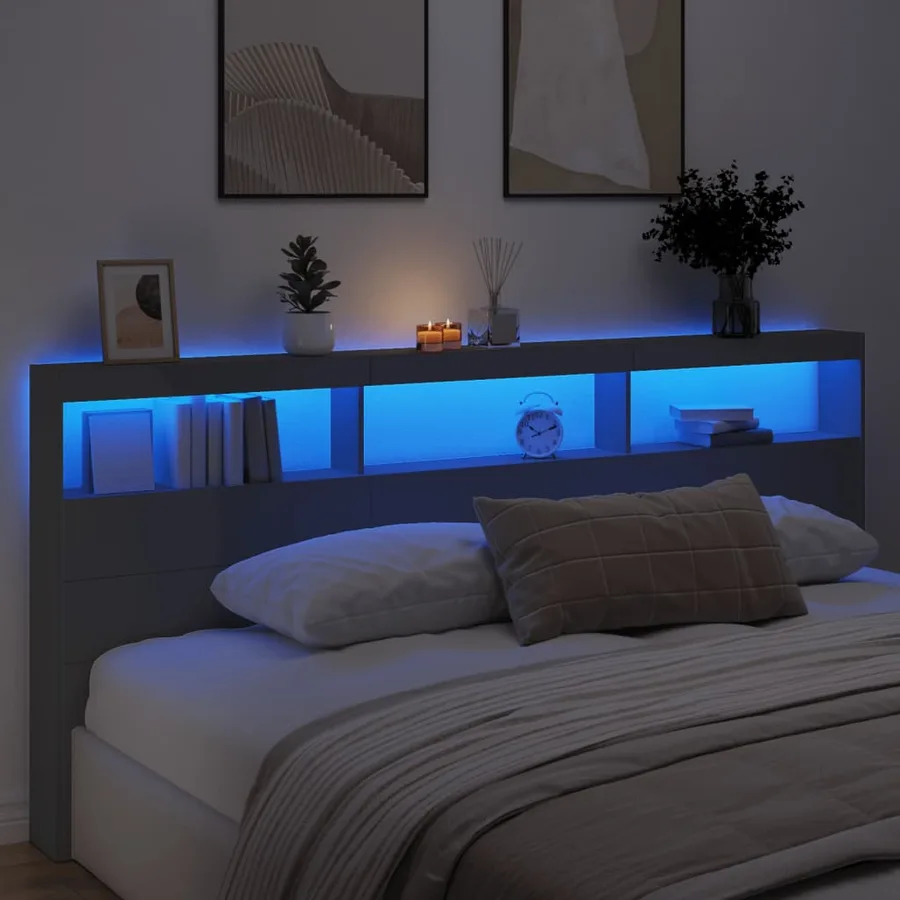 Armoire tête de lit avec LED noir 220x17x102 cm - 4