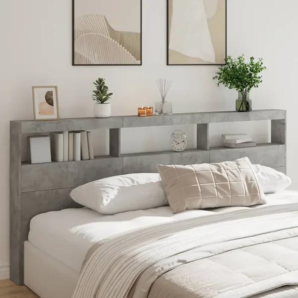 Armoire tête de lit avec LED gris béton 220x17x102 cm