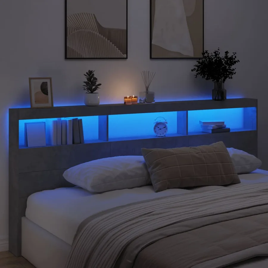 Armoire tête de lit avec LED gris béton 220x17x102 cm - 4
