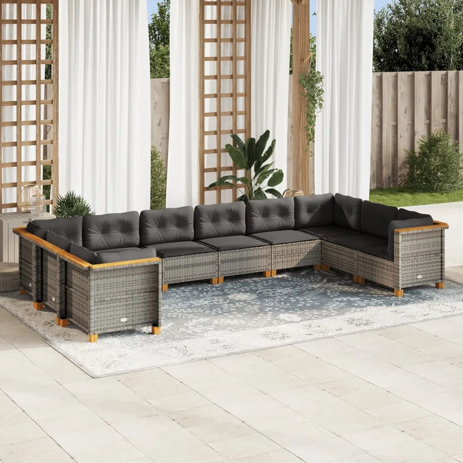 Salon de jardin avec coussins 10 pcs gris résine tressée