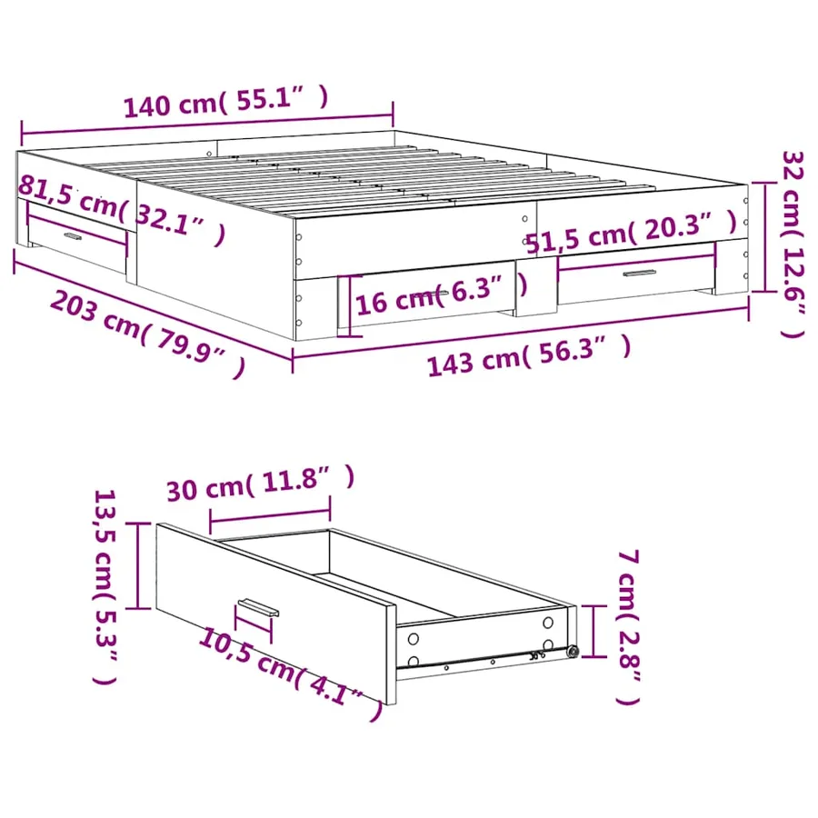 Cadre de lit avec tiroirs sans matelas blanc 140x200 cm - 10