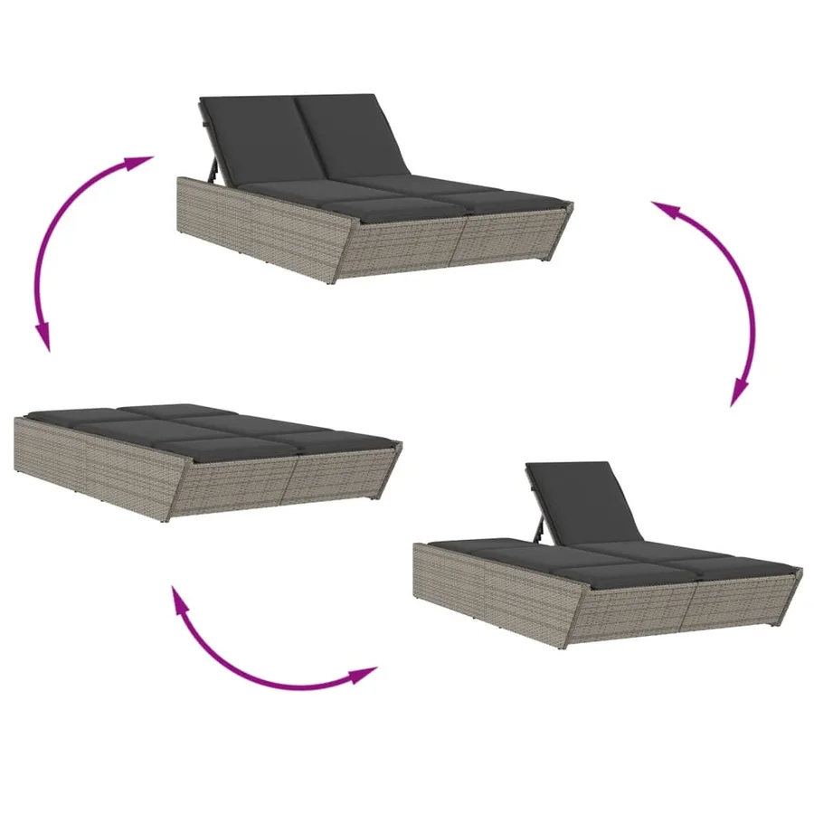 Chaise longue double avec coussins gris résine tressée - 6