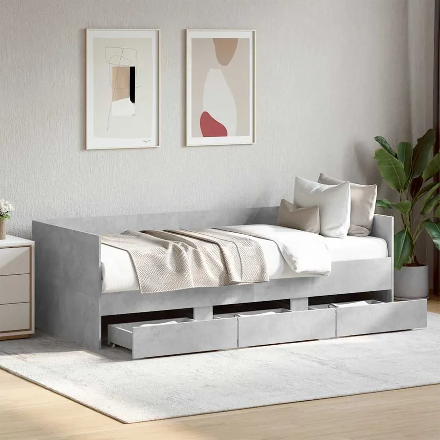Lit de jour avec tiroirs sans matelas gris béton 90x200 cm