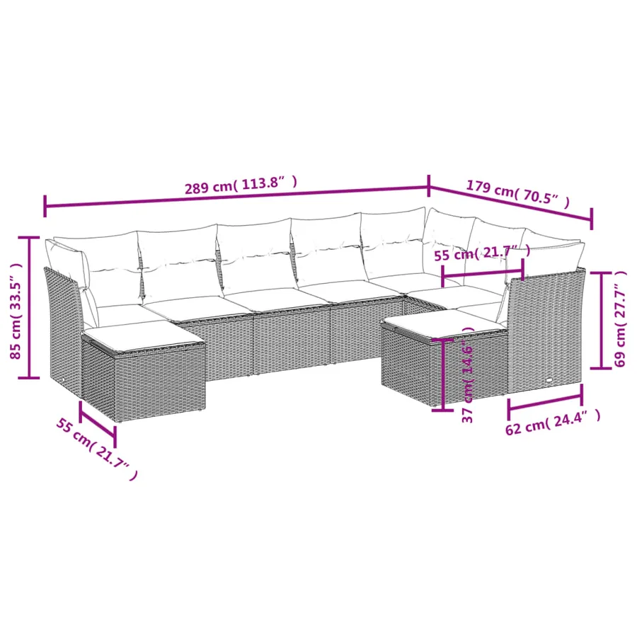 Salon de jardin avec coussins 9 pcs marron résine tressée - 3
