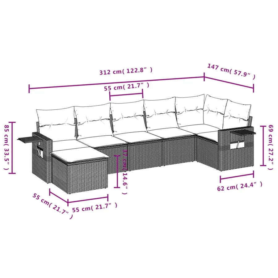 Salon de jardin avec coussins 7 pcs marron résine tressée - 3