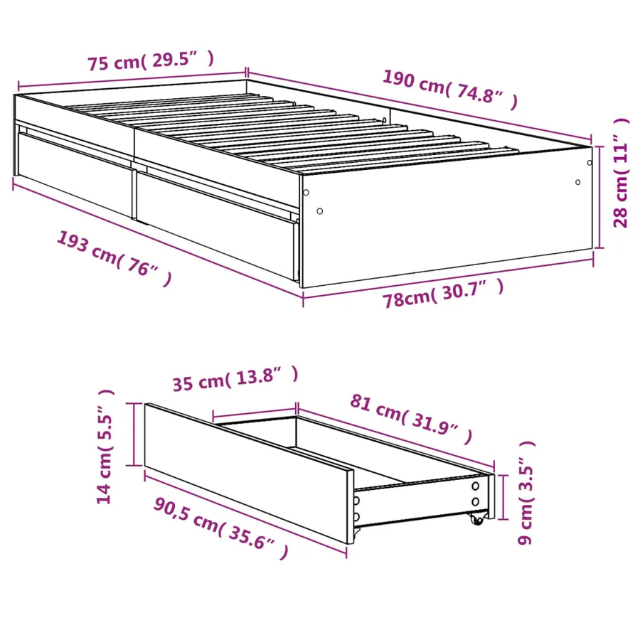 Cadre de lit avec tiroirs sans matelas chêne marron 75x190 cm - 10