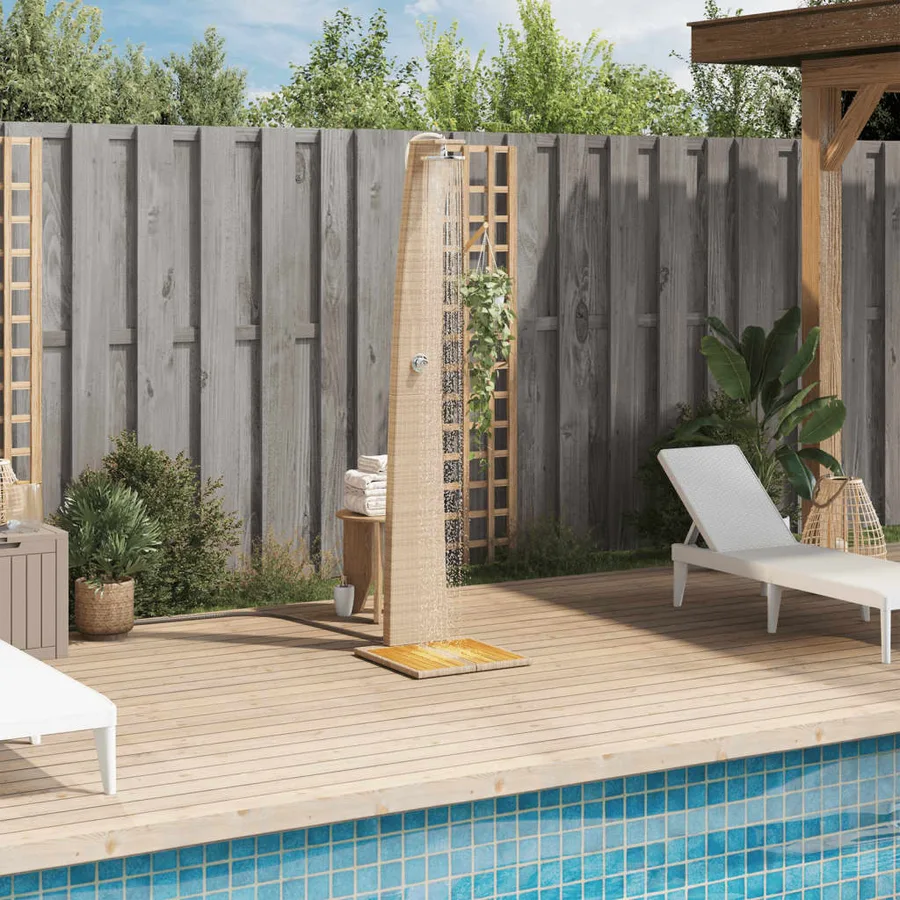 Douche d'extérieur beige 55x60x224cm résine tressée bois acacia - 3