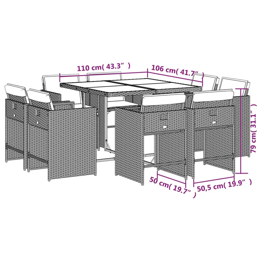 Ensemble à manger de jardin et coussins 9 pcs marron poly rotin - 8
