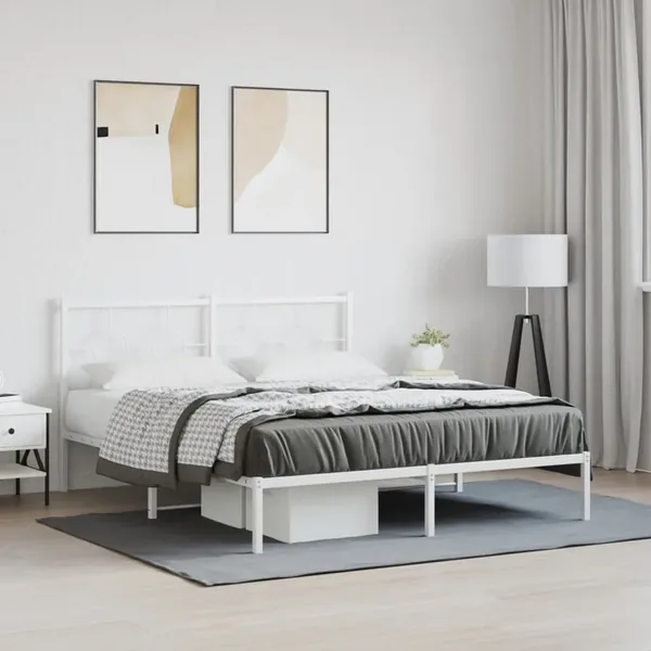 Cadre de lit métal sans matelas et tête de lit blanc 150x200 cm
