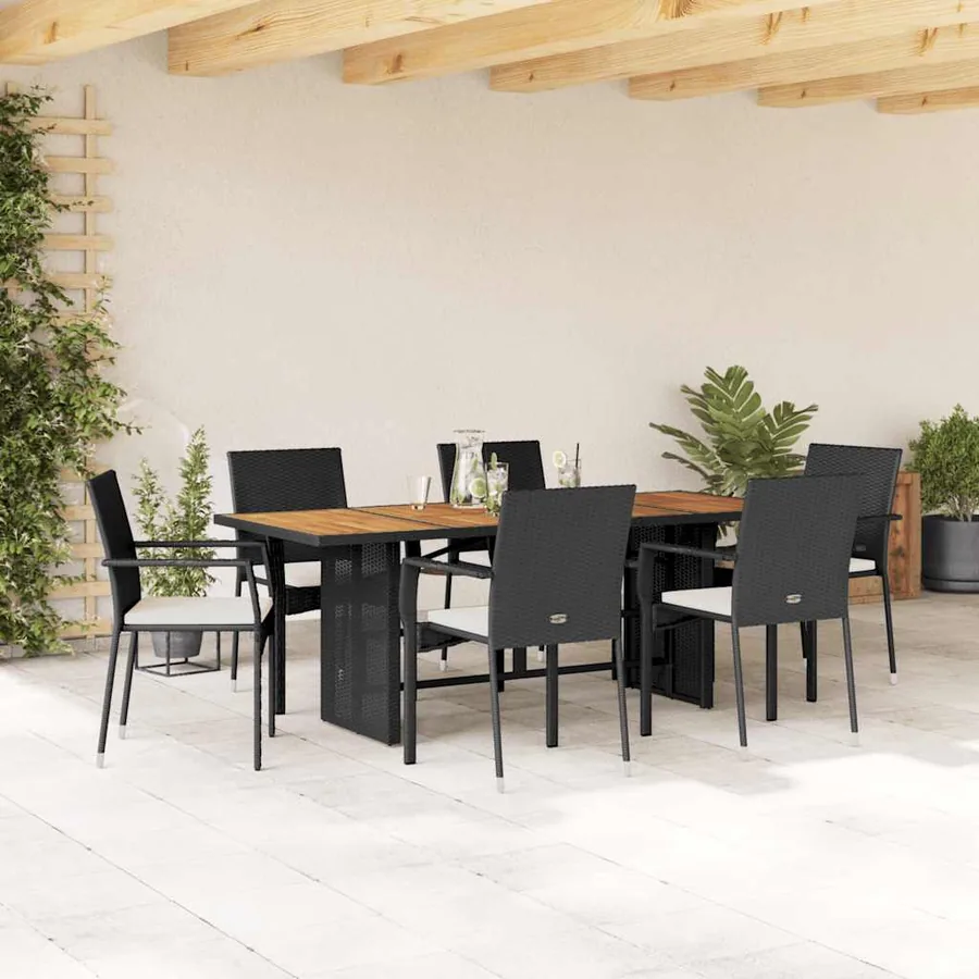 Ensemble à manger de jardin coussins 7pcs Noir Résine tressée