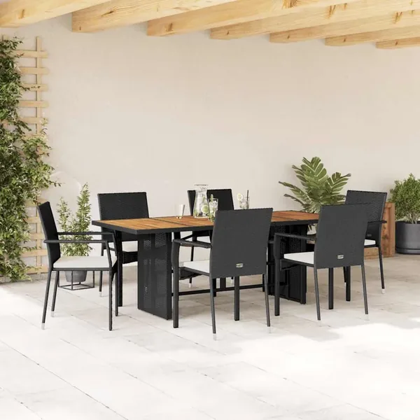 Ensemble à manger de jardin coussins 7pcs Noir Résine tressée