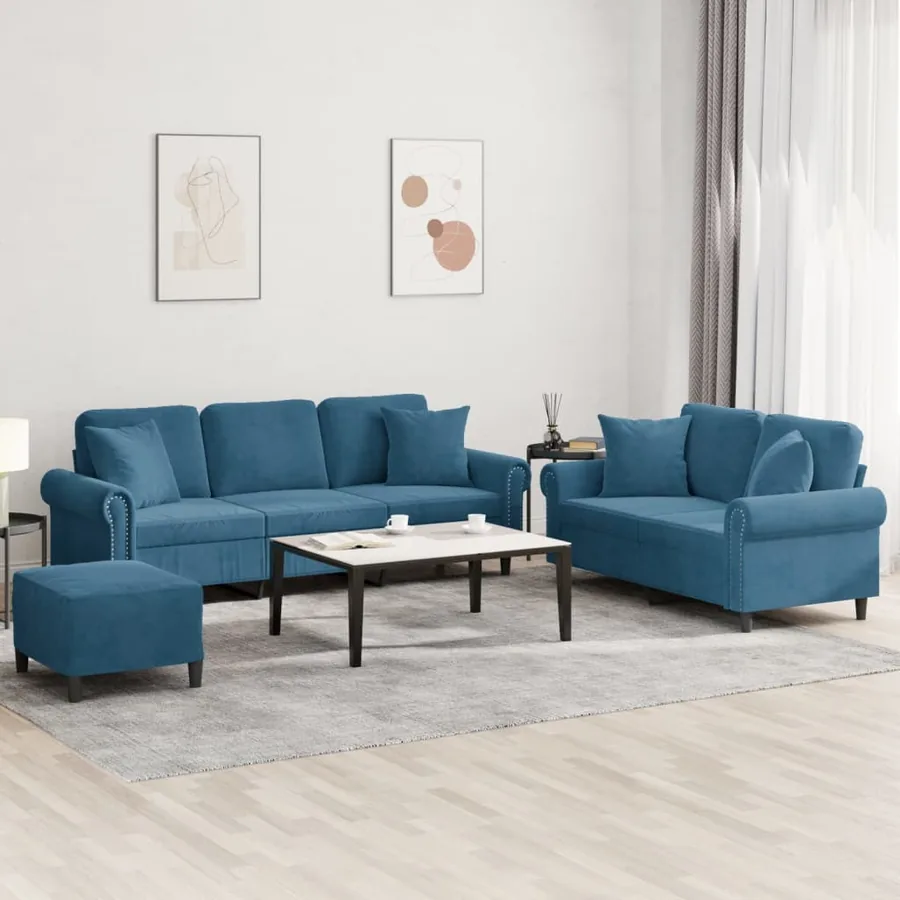 Ensemble de canapés 3 pcs avec coussins bleu velours