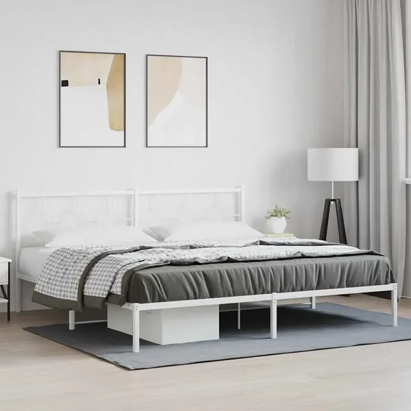 Cadre de lit métal sans matelas et tête de lit blanc 200x200 cm