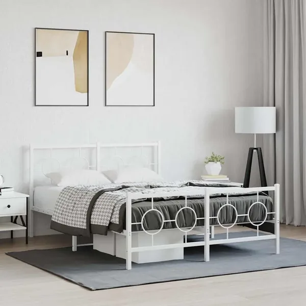 Cadre de lit métal sans matelas et pied de lit blanc 140x200 cm
