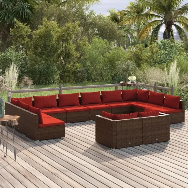 Salon de jardin 12 pcs avec coussins Marron Résine tressée