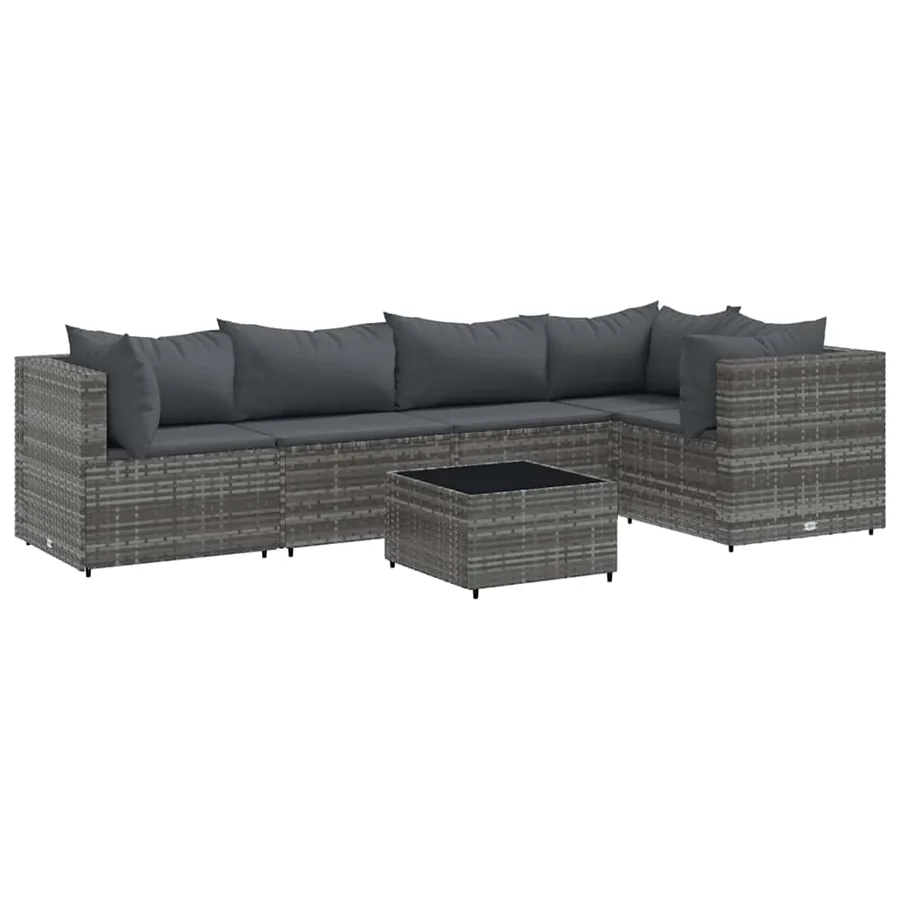 Salon de jardin 6 pcs avec coussins Gris Résine tressée - 2