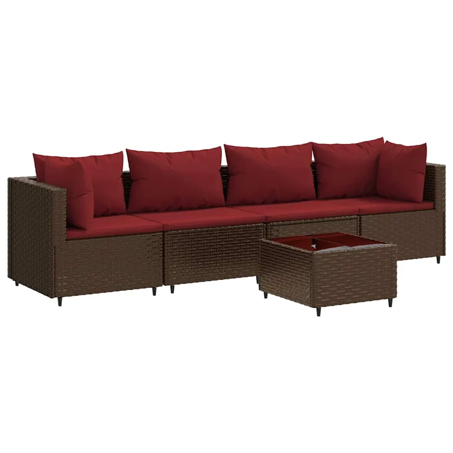 Salon de jardin 5 pcs avec coussins Marron Résine tressée - 2