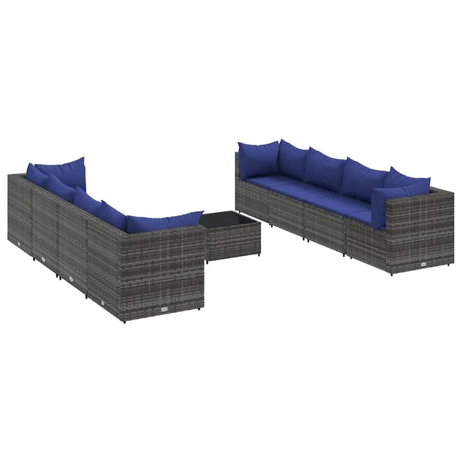 Salon de jardin 9 pcs avec coussins Gris Résine tressée - 2