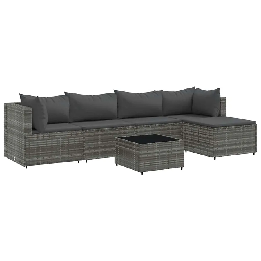 Salon de jardin 6 pcs avec coussins Gris Résine tressée - 2