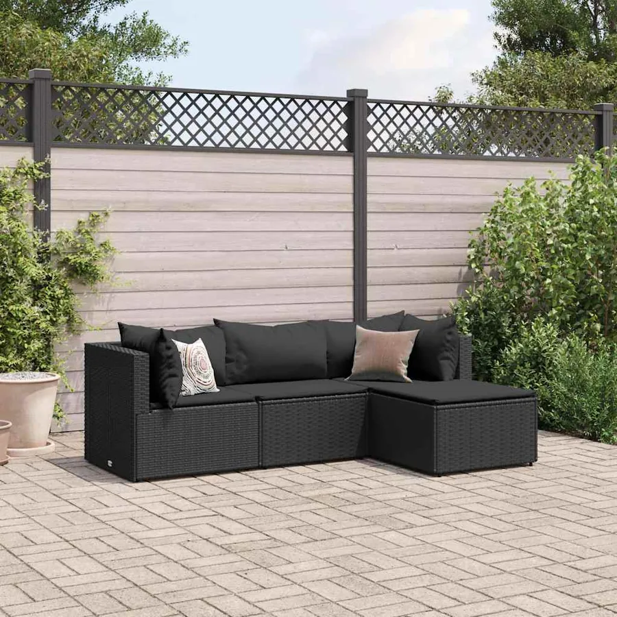 Salon de jardin 4 pcs avec coussins Noir Résine tressée