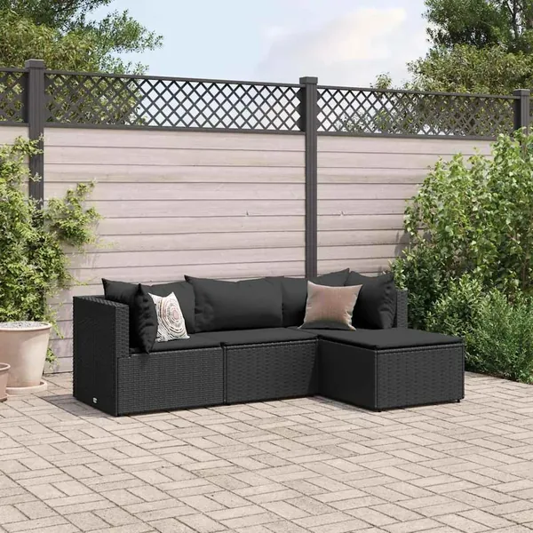 Salon de jardin 4 pcs avec coussins Noir Résine tressée