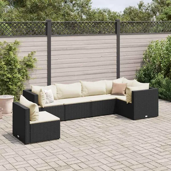 Salon de jardin 6 pcs avec coussins Noir Résine tressée
