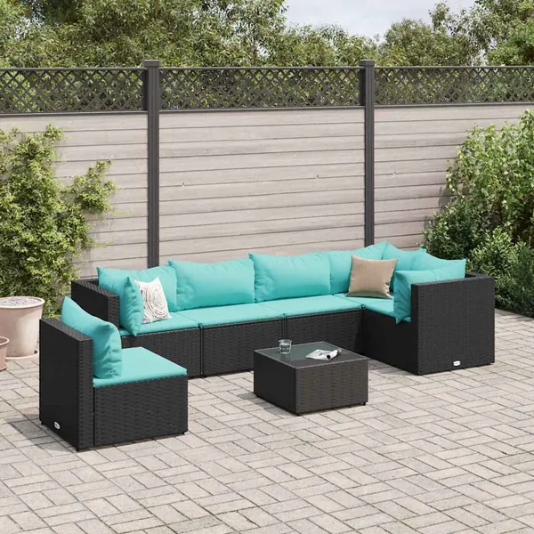 Salon de jardin 7 pcs avec coussins Noir Résine tressée 63 x 63 x 57,5 cm - 48,9 kg