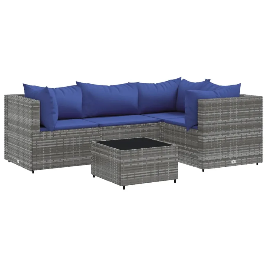 Salon de jardin 5 pcs avec coussins Gris Résine tressée - 2