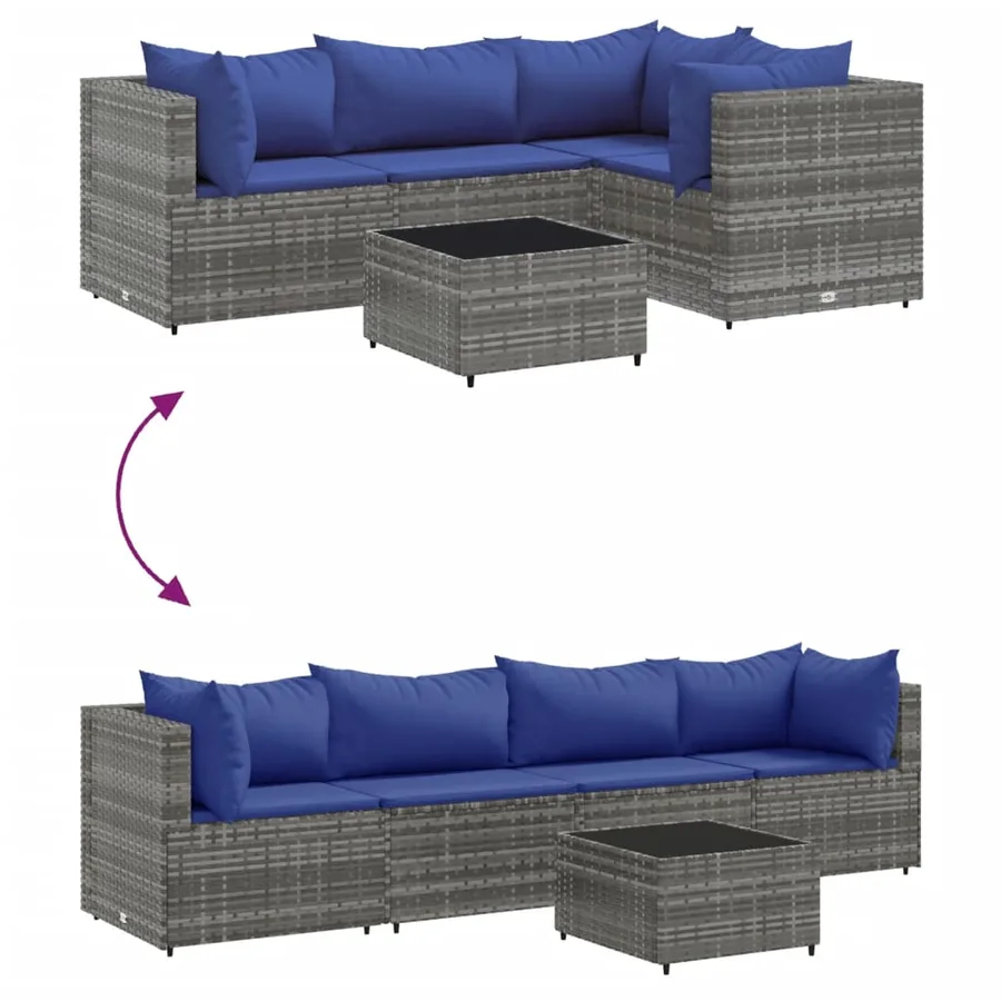 Salon de jardin 5 pcs avec coussins Gris Résine tressée - 6