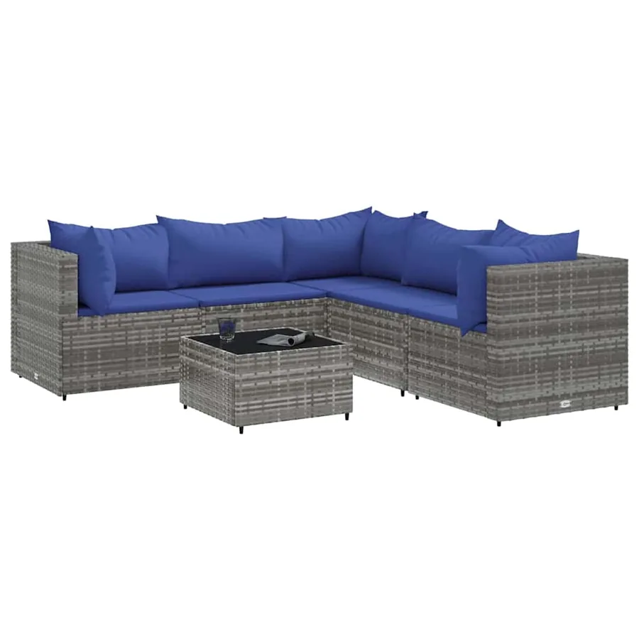 Salon de jardin 6 pcs avec coussins Gris Résine tressée - 2