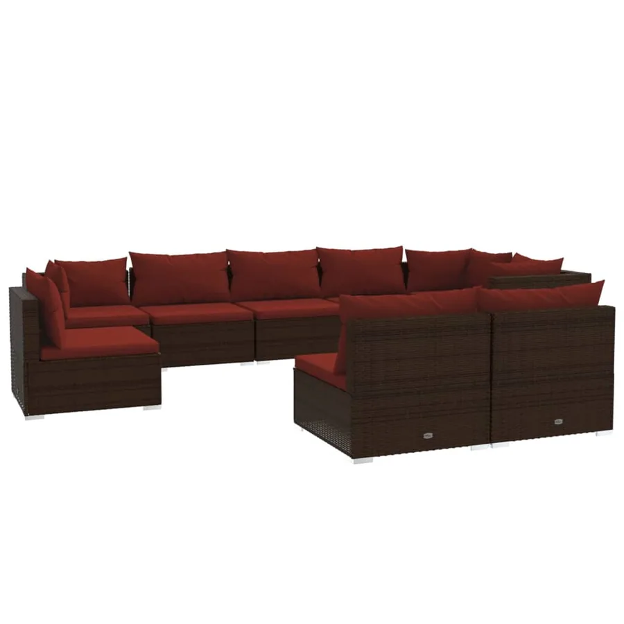 Salon de jardin 9 pcs avec coussins résine tressée marron - 2