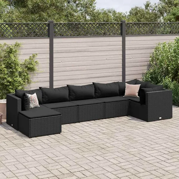 Salon de jardin 7 pcs avec coussins Noir Résine tressée 63 x 63 x 57,5 cm - 48,4 kg