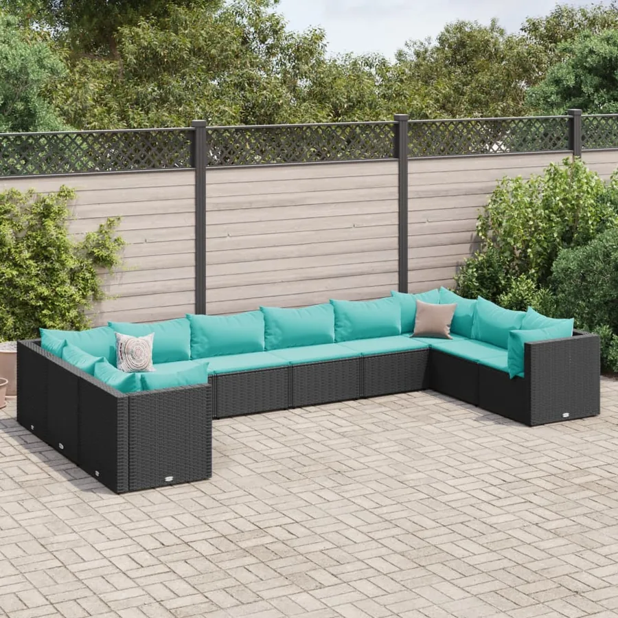 Salon de jardin 10 pcs avec coussins noir résine tressée