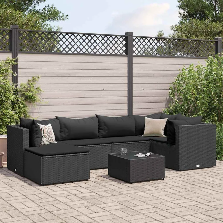 Salon de jardin 7 pcs avec coussins Noir Résine tressée 63 x 63 x 57,5 cm - 46,5 kg