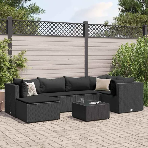 Salon de jardin 7 pcs avec coussins Noir Résine tressée 63 x 63 x 57,5 cm - 46,5 kg