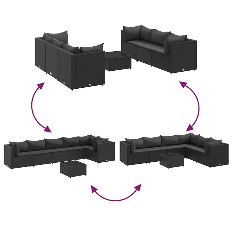 Salon de jardin 7 pcs avec coussins Noir Résine tressée 63 x 63 x 57,5 cm - 46,5 kg - 7