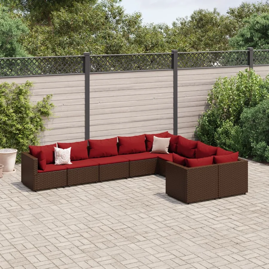 Salon de jardin avec coussins 9 pcs marron résine tressée