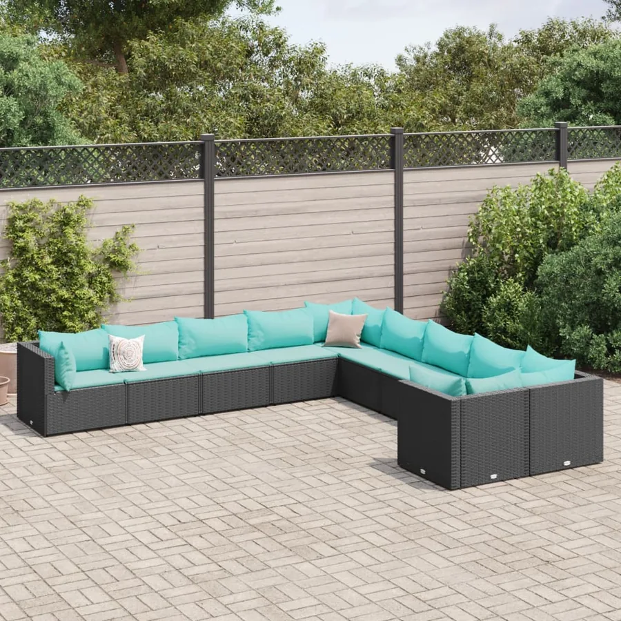 Salon de jardin 10 pcs avec coussins noir résine tressée