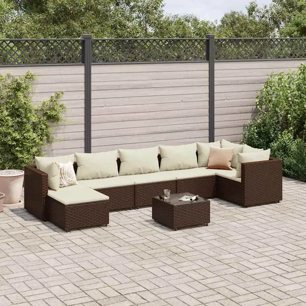 Salon de jardin avec coussins 8 pcs marron résine tressée