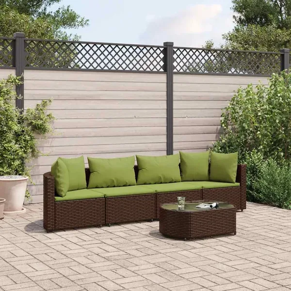 Salon de jardin avec coussins 5 pcs marron résine tressée