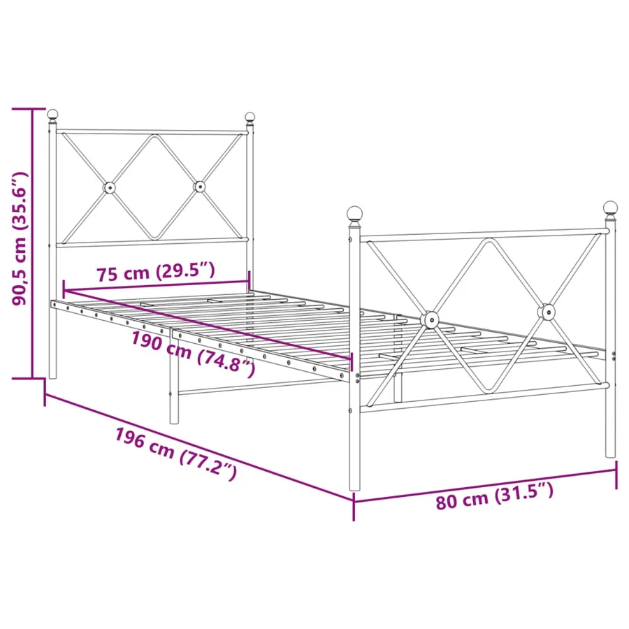 Cadre de lit métal sans matelas avec pied de lit noir 75x190 cm - 8