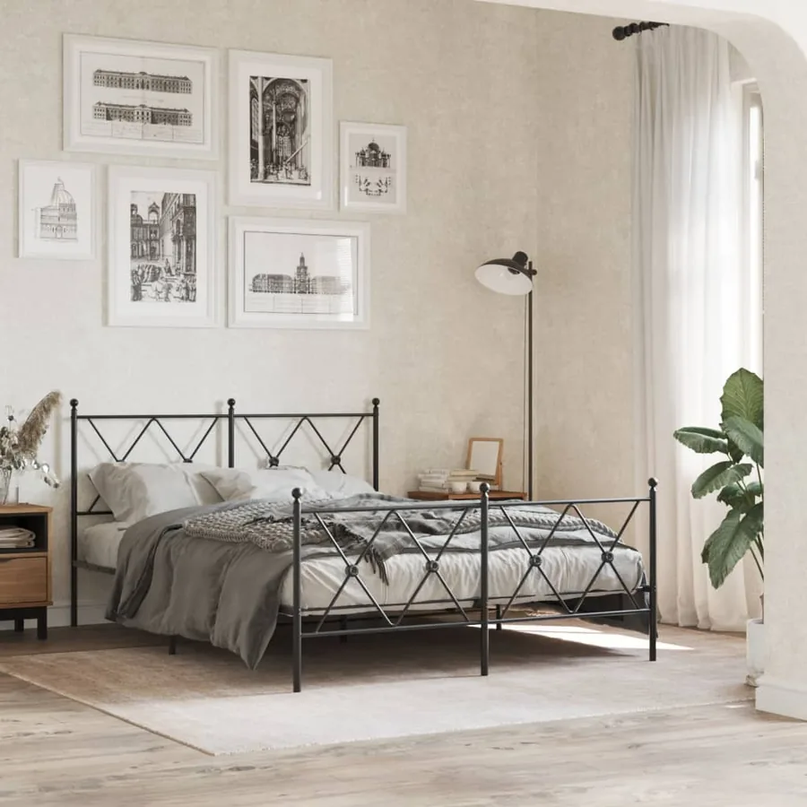 Cadre de lit métal sans matelas avec pied de lit noir 137x190cm