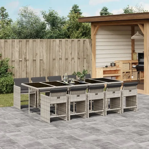 Ensemble à manger de jardin 11pcs avec coussins gris poly rotin
