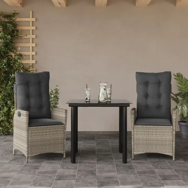 Ensemble à manger de jardin 3pcs coussins gris clair poly rotin