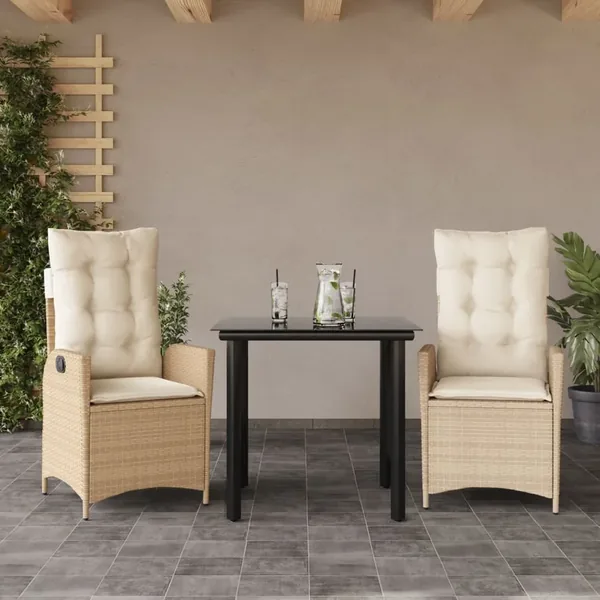 Ensemble à manger de jardin et coussins 3 pcs Beige poly rotin