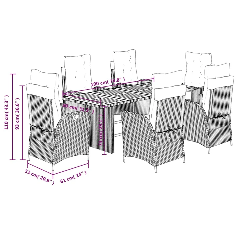 Ensemble à manger de jardin et coussins 7 pcs gris rotin - 9